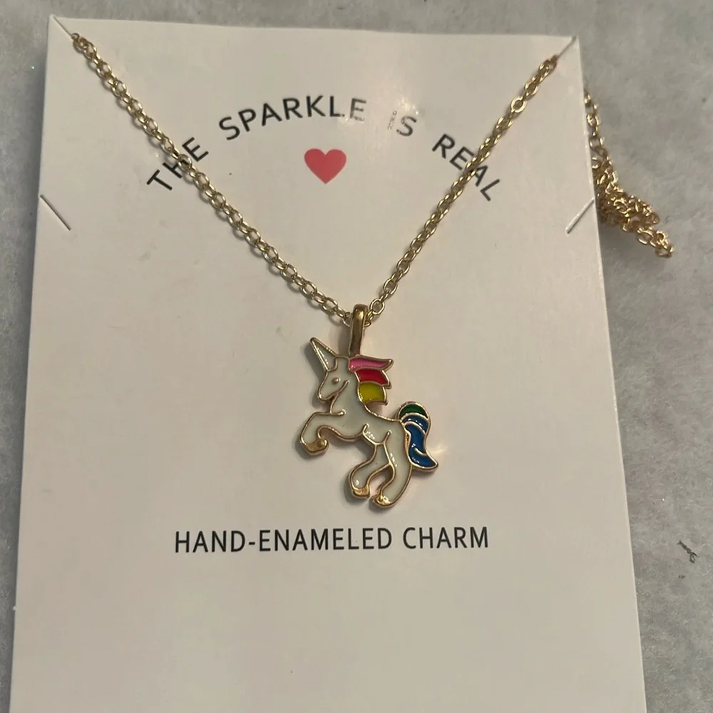 Colorful Unicorn Pendant Necklace nwt with extender, gold tone